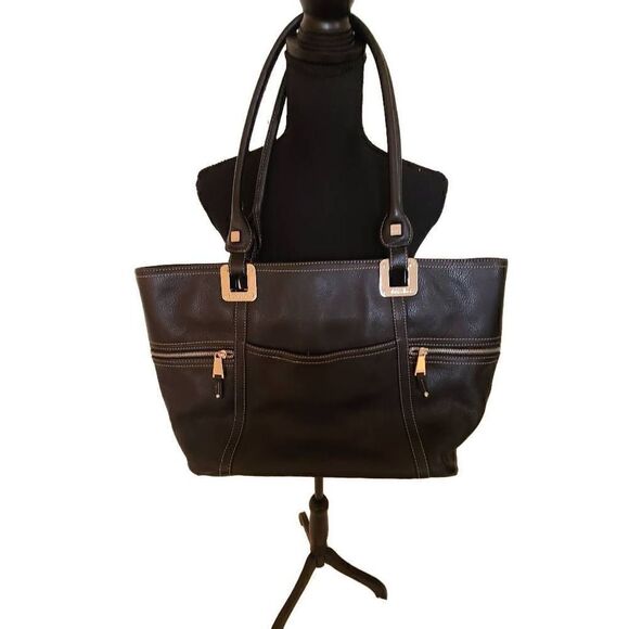 Tignanello Women's Leather Magnetic Closure Double Handle Tote Bag Black - Picture 1 of 16